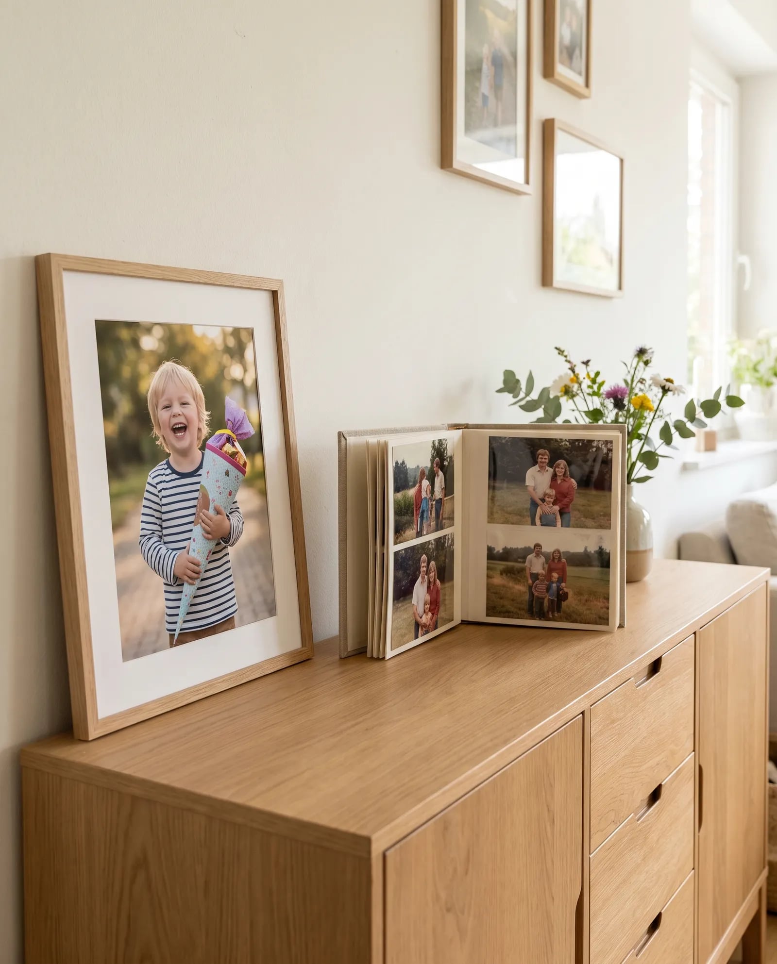 Gerahmte Kinderfotos auf einem Sideboard