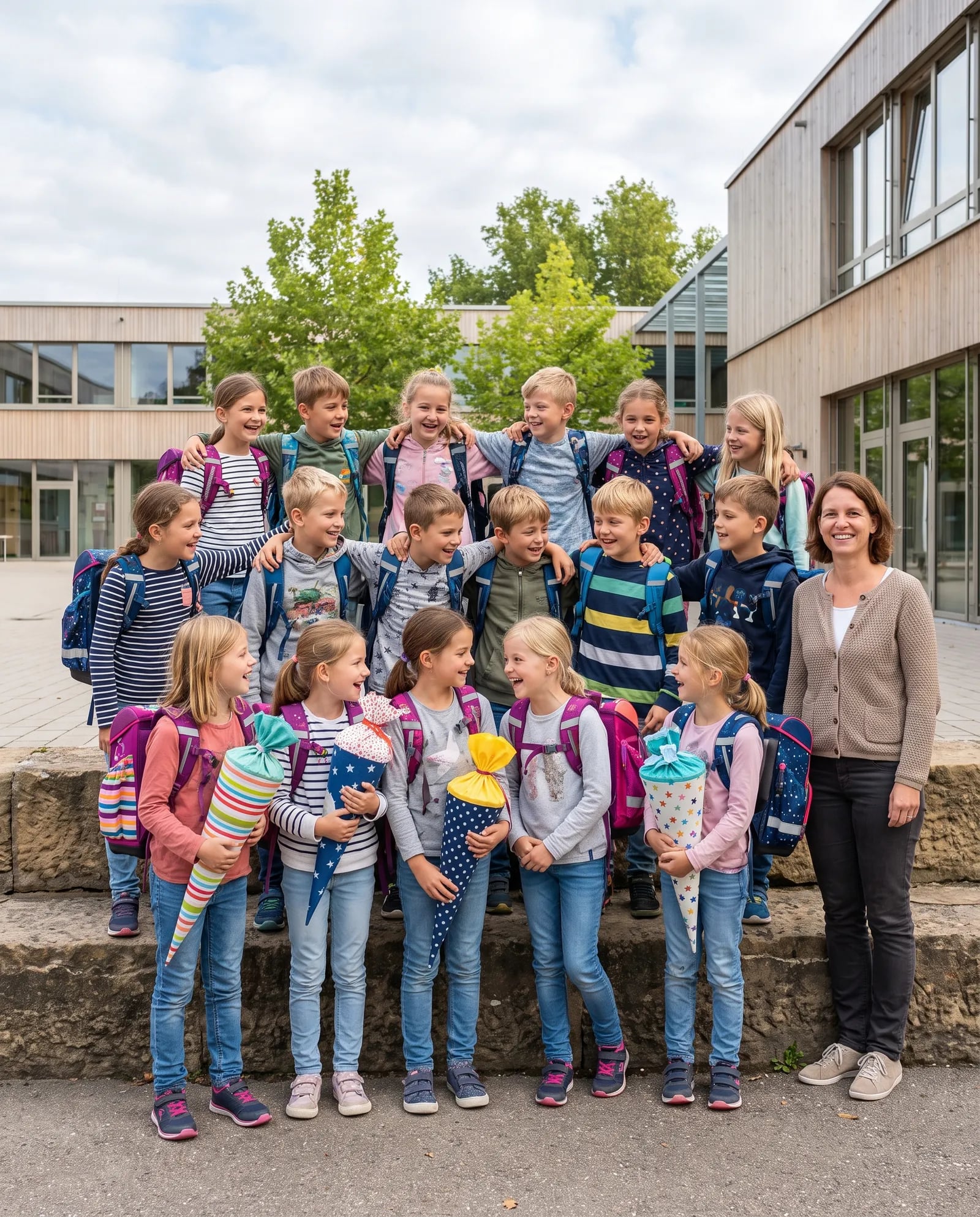 Grundschulklasse mit Lehrerin vor dem Schulgebäude