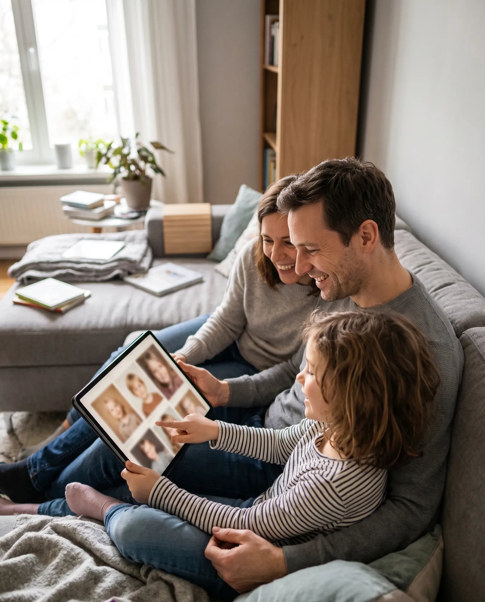 Familie sieht sich Fotos am Tablet an