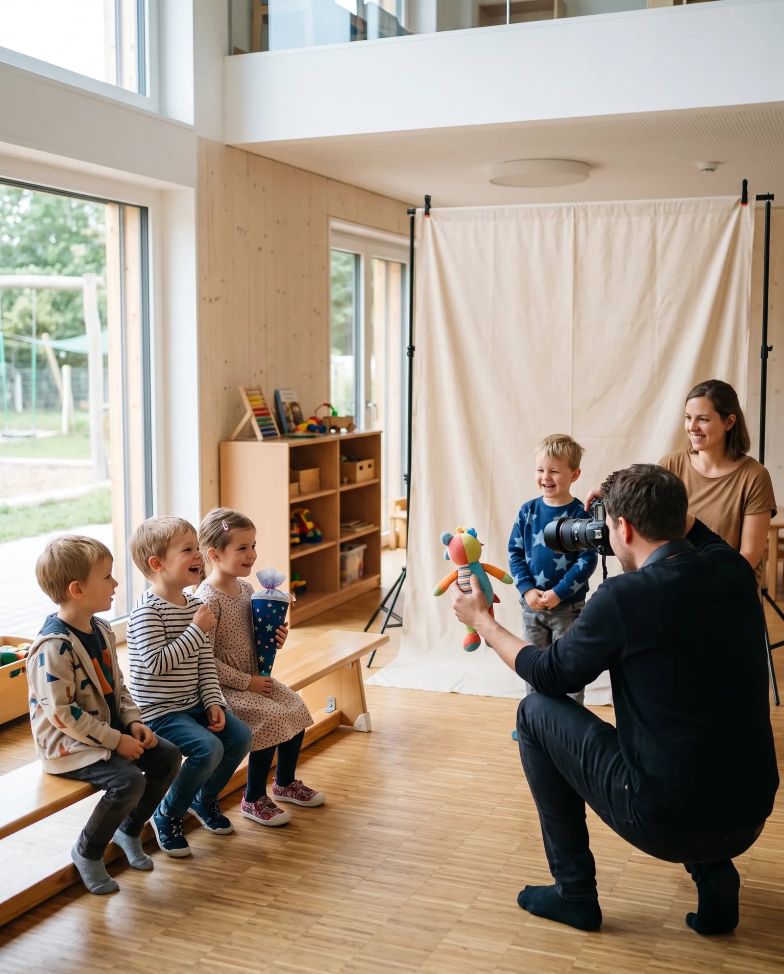 Fotograf kniet vor Kita-Kindern im Gruppenraum